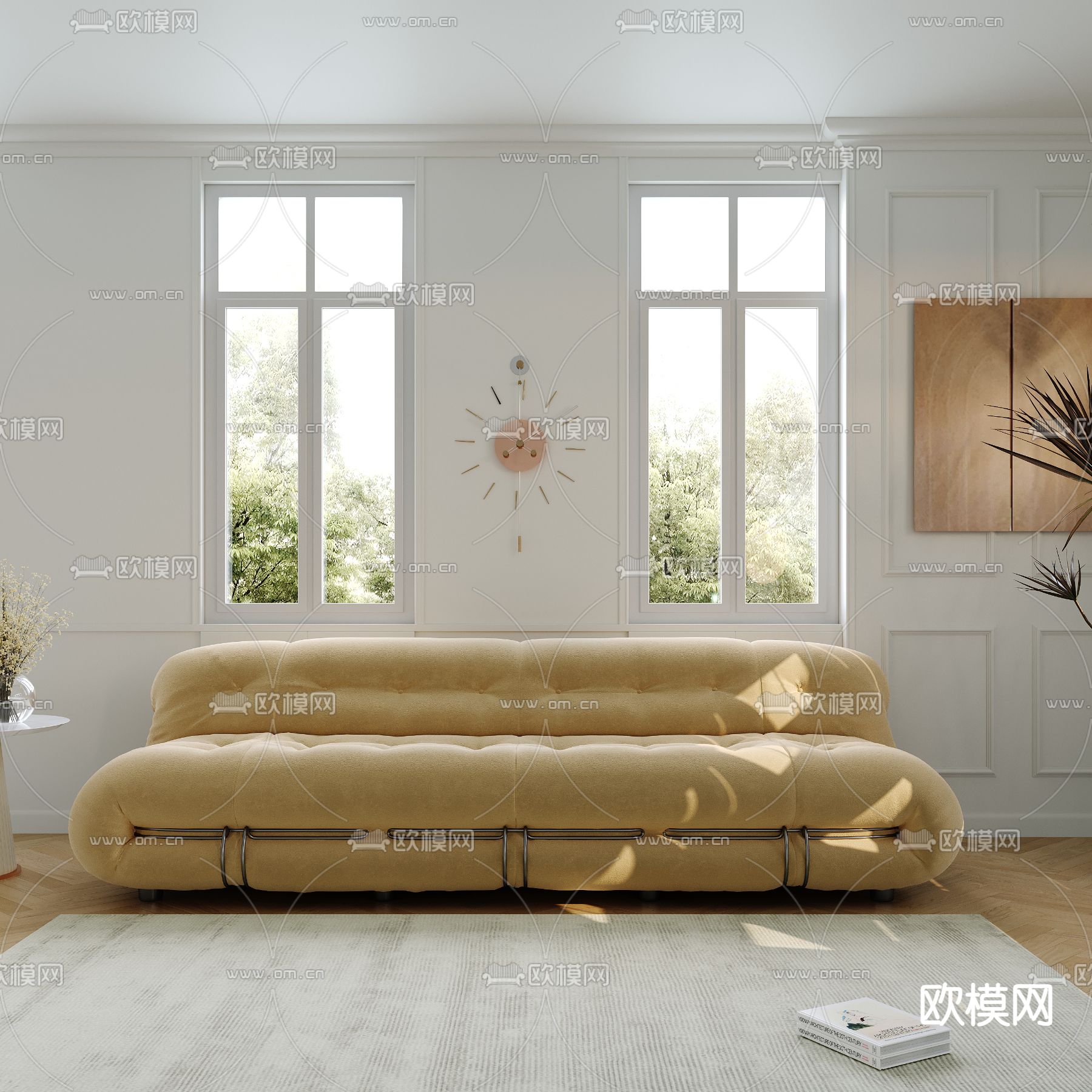 奶油风黄色沙发su模型下载（渲染图1）
