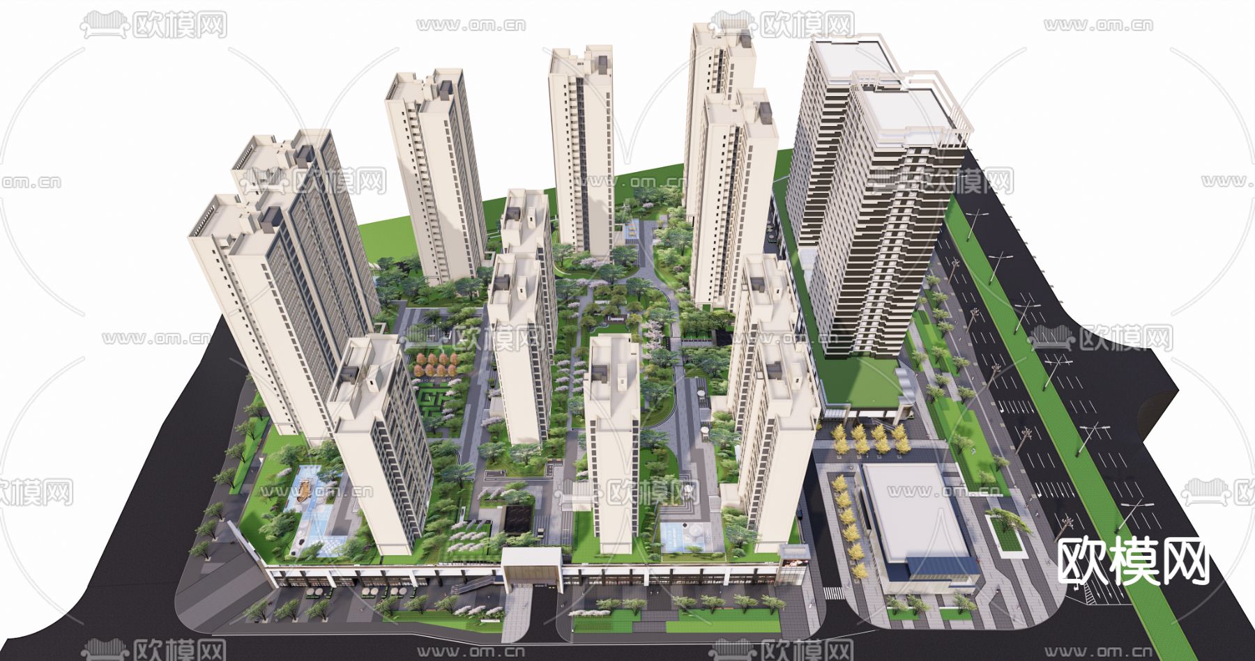 现代住宅小区鸟瞰su模型下载（渲染图1）