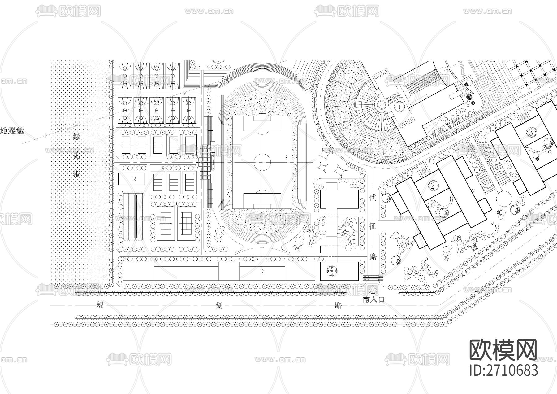 某大学总体规划cad施工图下载（渲染图4）