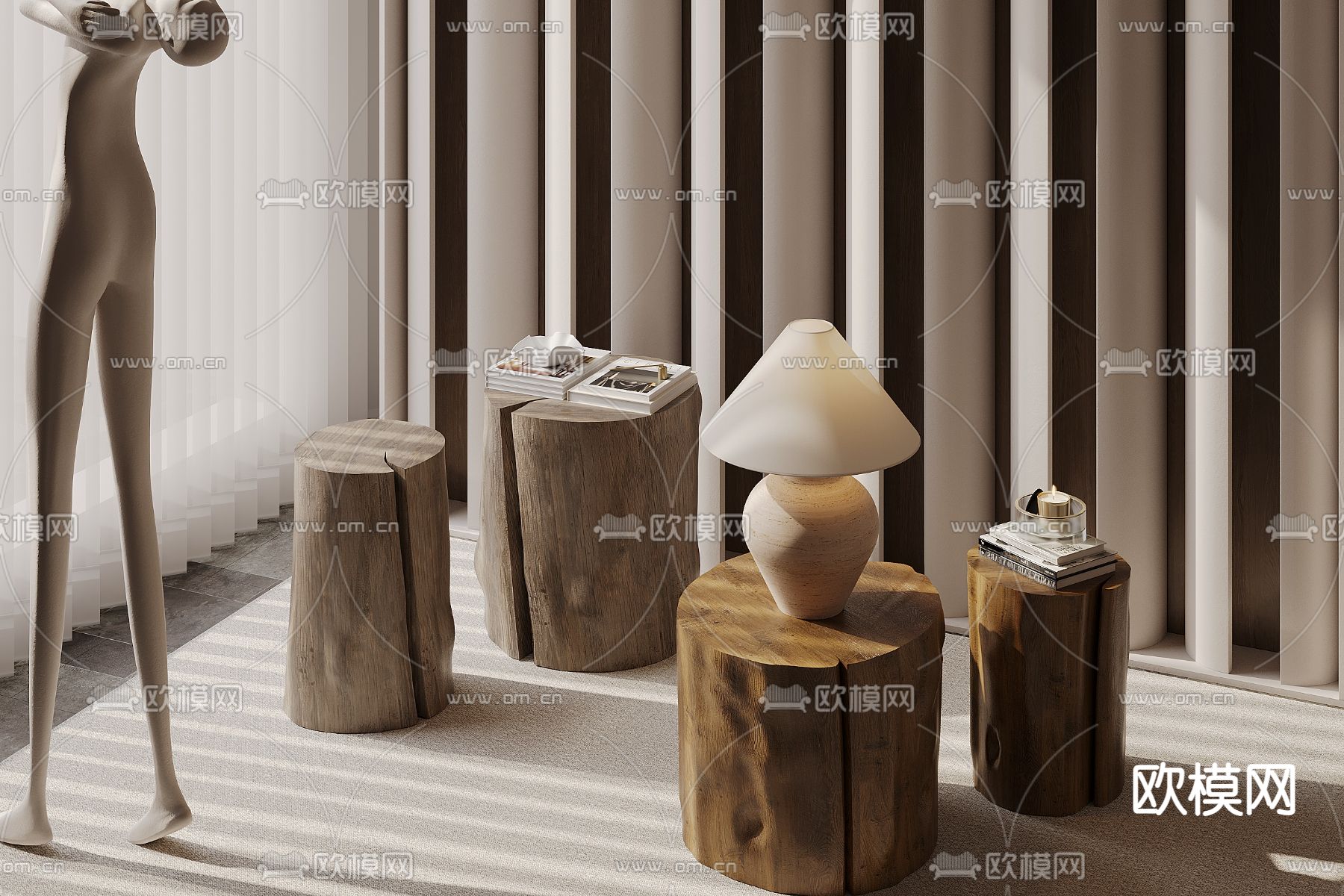 侘寂角几 圆几 木桩 树墩3d模型下载（渲染图1）