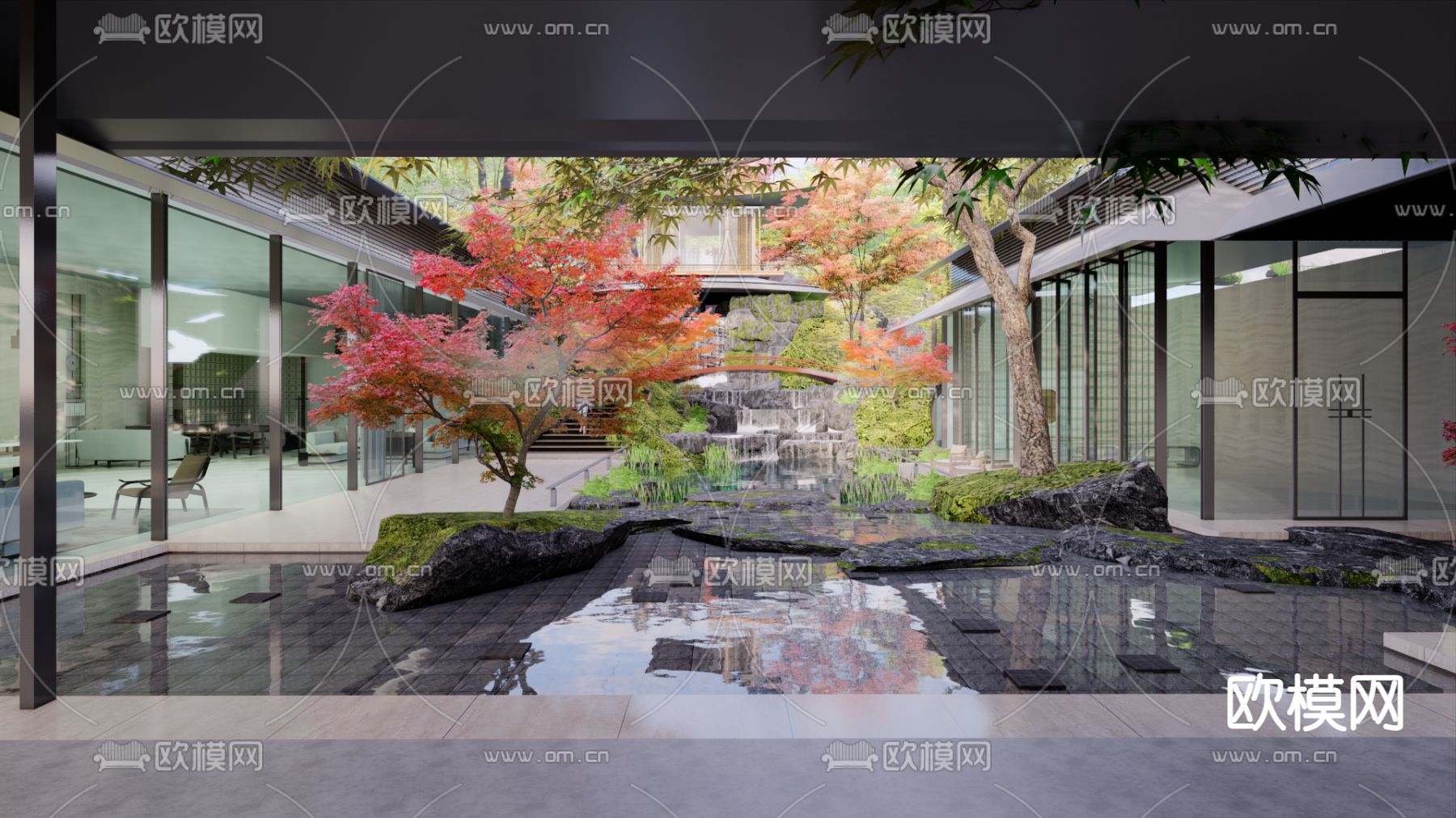 新中式售楼处下沉庭院su模型下载_ID14151615_sketchup模型下载-欧模网