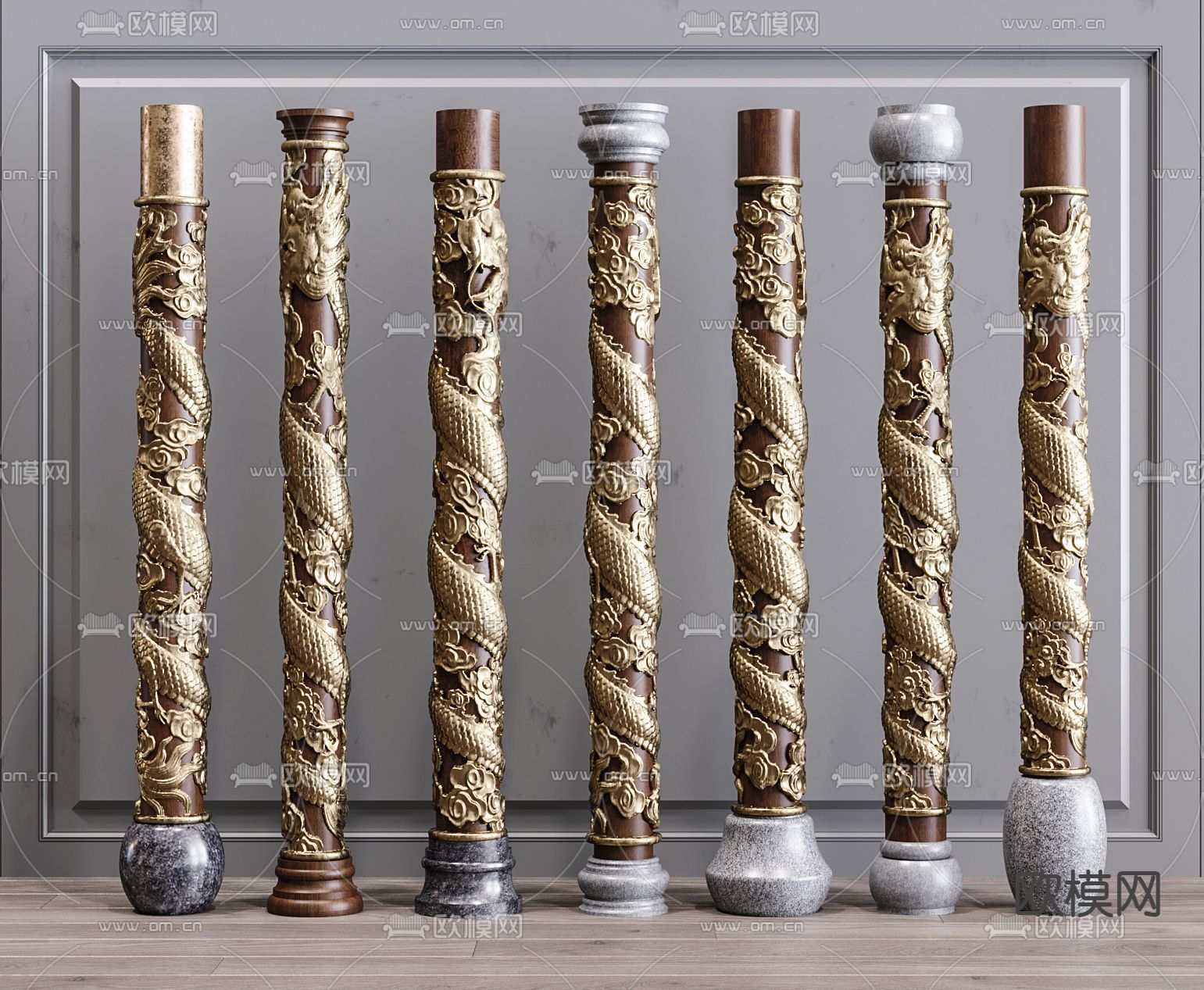 新中式盘龙柱子su模型下载（渲染图1）