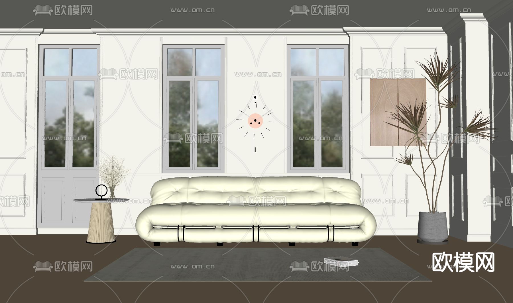 奶油风黄色沙发su模型下载（渲染图2）