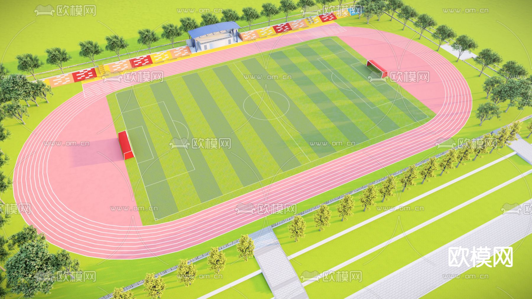 运动场跑道 足球场看台su模型下载（渲染图1）