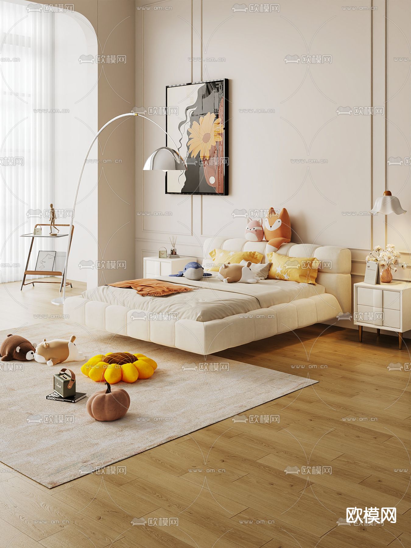 奶油风儿童床 悬空床3d模型下载