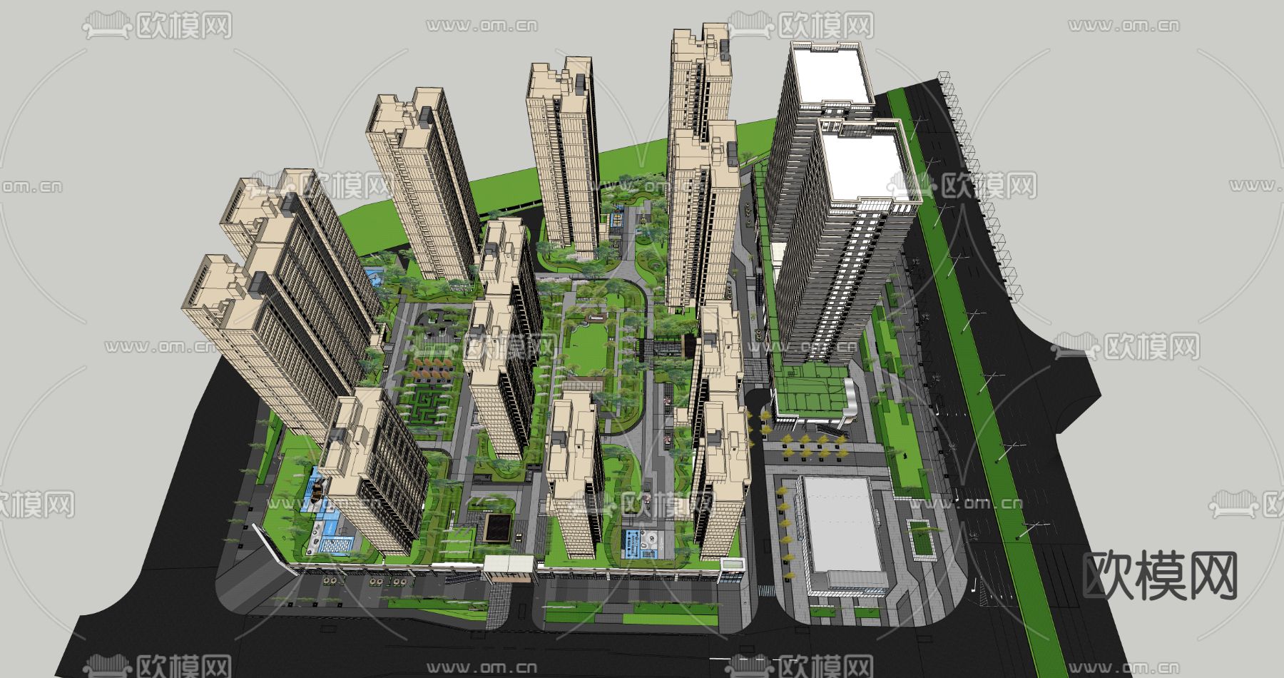 现代住宅小区鸟瞰su模型下载（渲染图2）