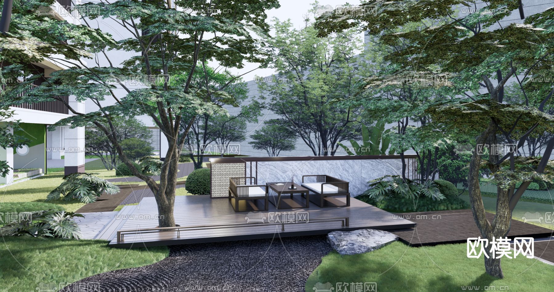 新中式小区园林景观su模型