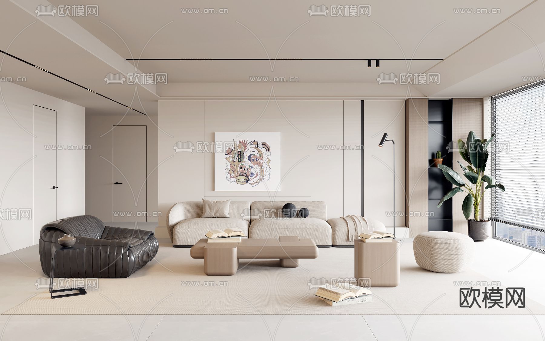 奶油风客厅3d模型下载