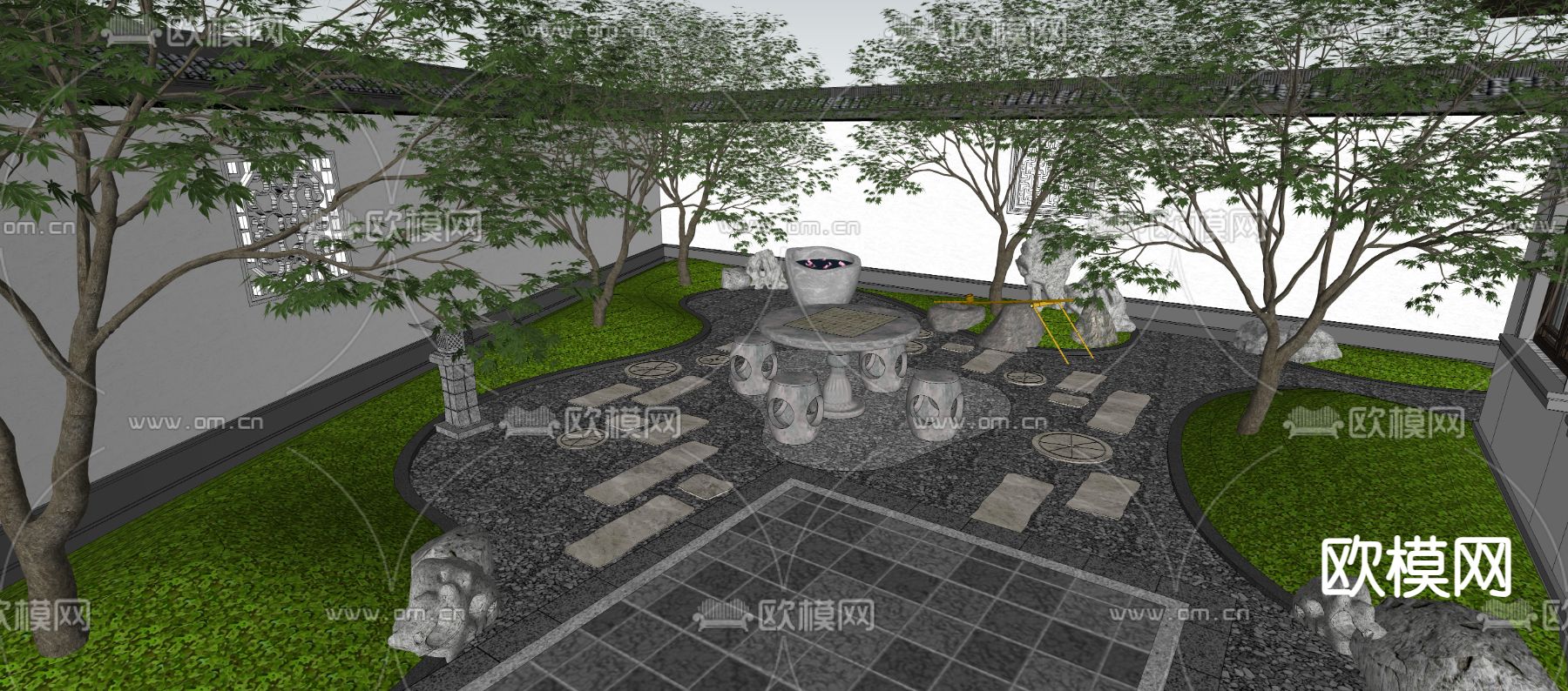 中式庭院景观su模型下载（渲染图3）