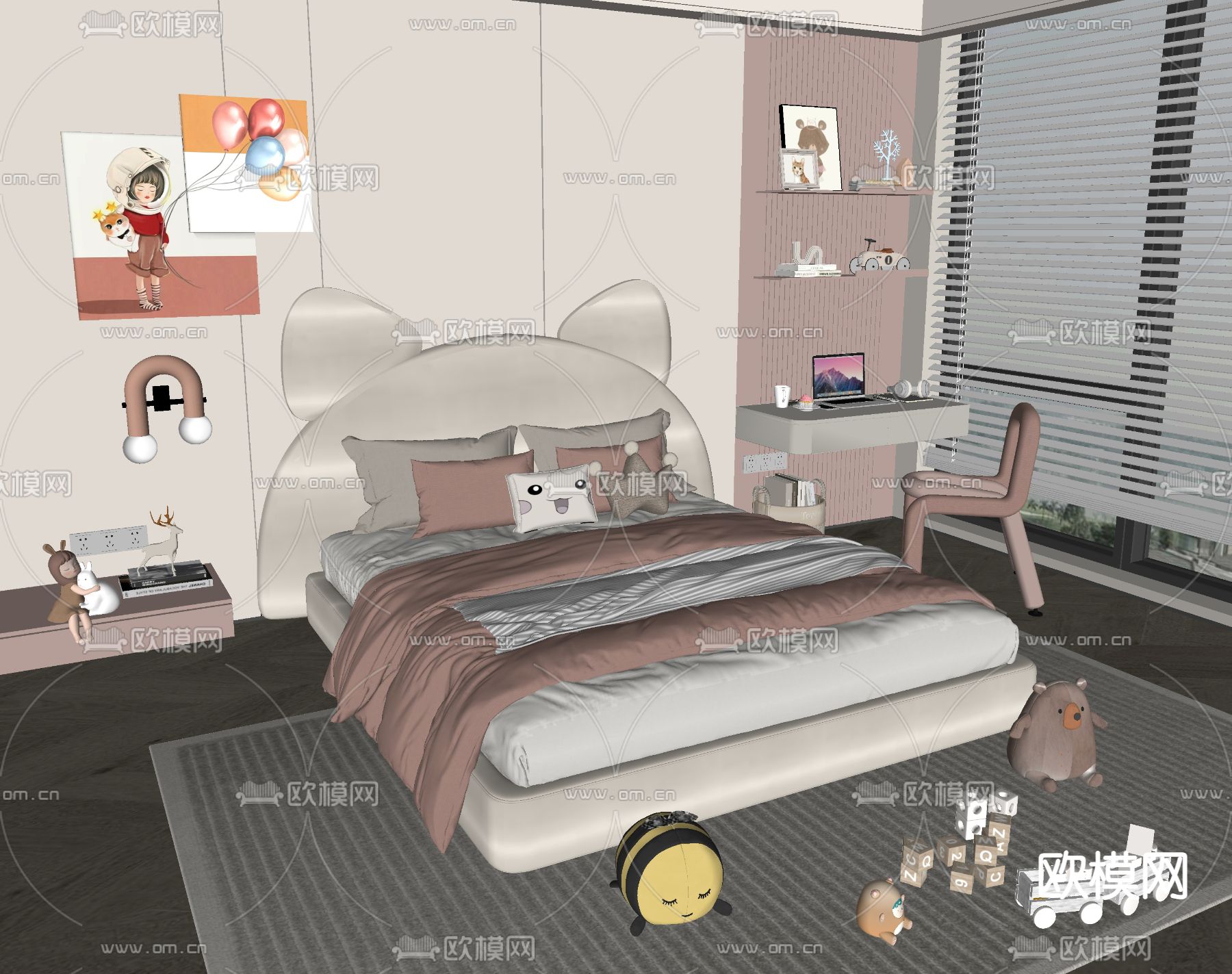 现代儿童床su模型下载（渲染图2）