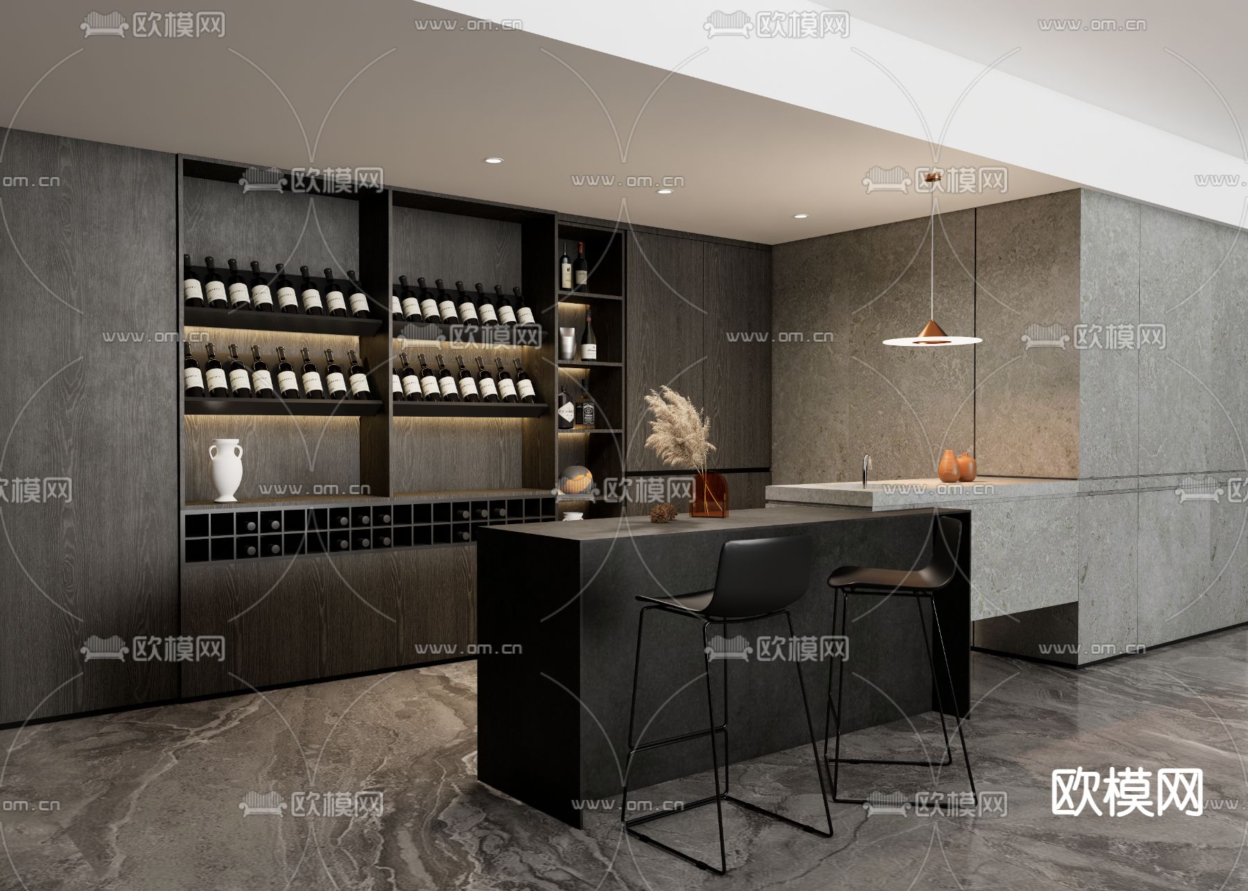 高级灰吧台 酒柜3d模型下载