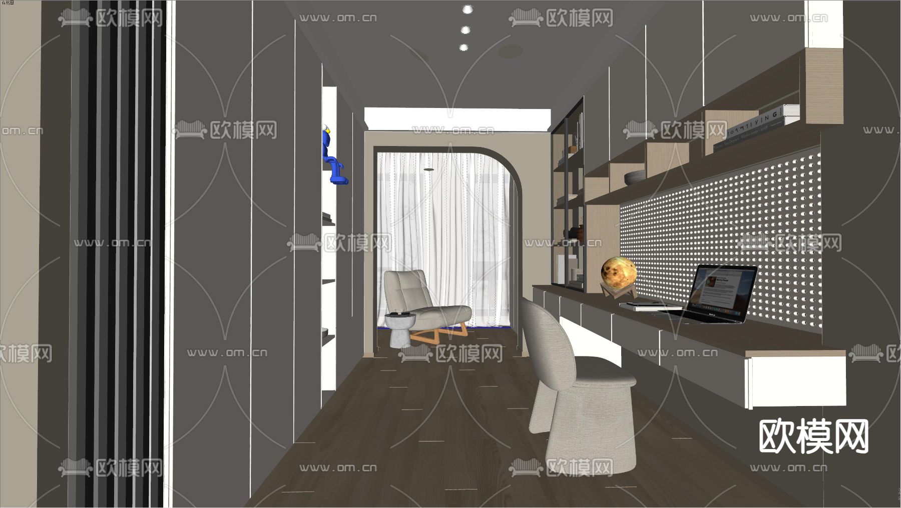 奶油风书房su模型下载（渲染图2）