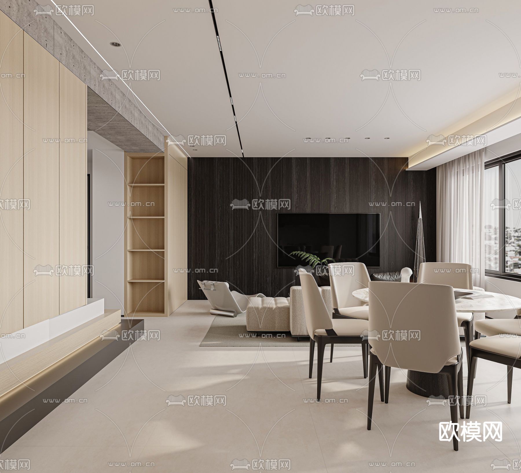 黑白灰客厅 餐厅3d模型下载（渲染图2）