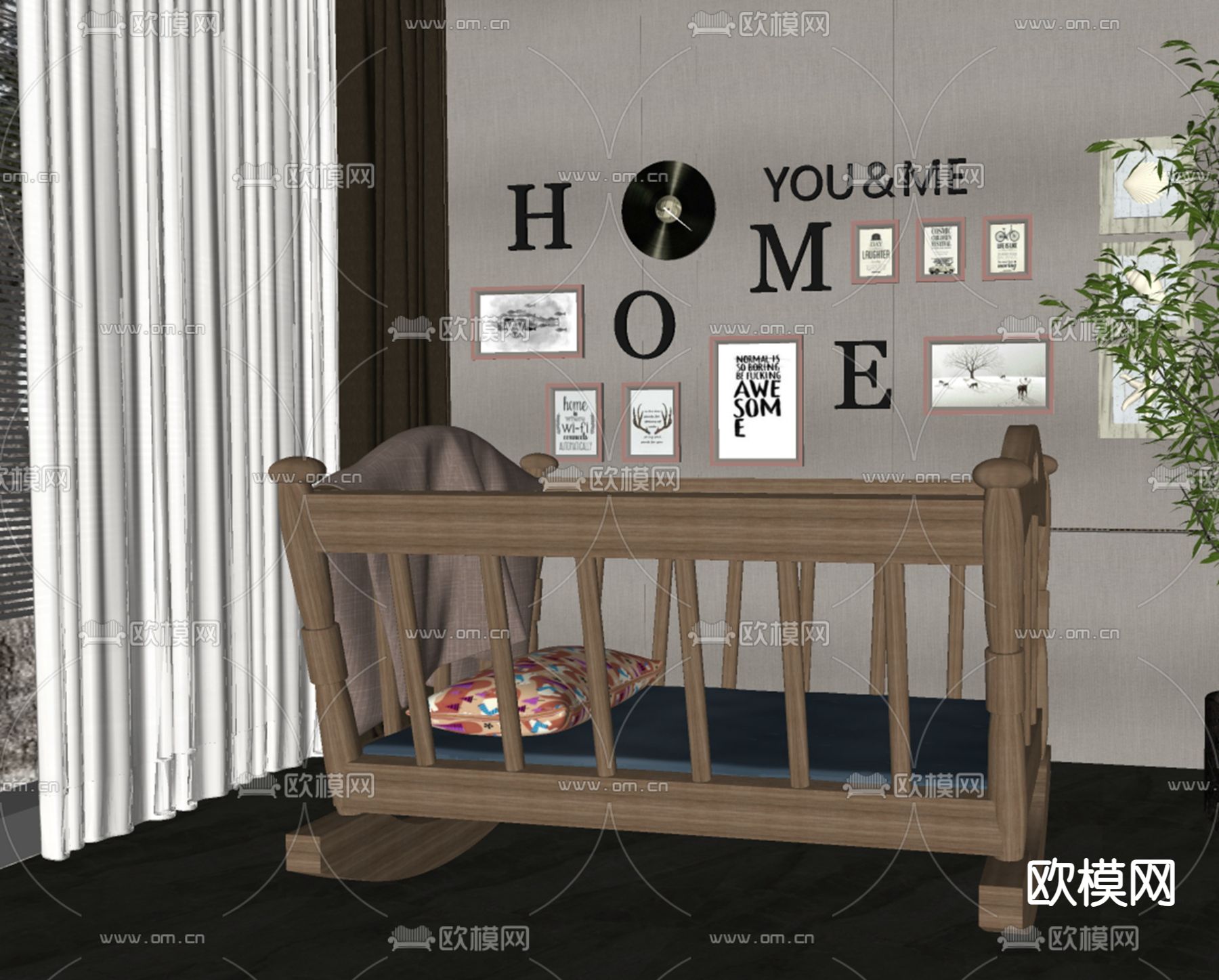 婴儿床 儿童床su模型下载（渲染图2）