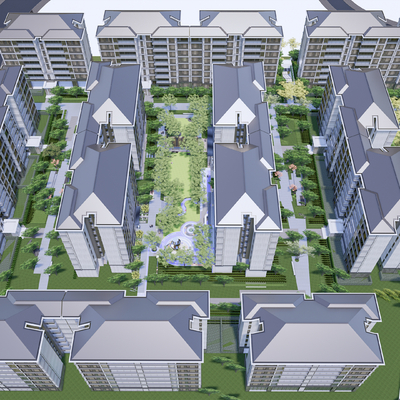  新中式住宅小区鸟瞰su模型 