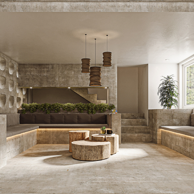  侘寂风民宿大厅su模型 