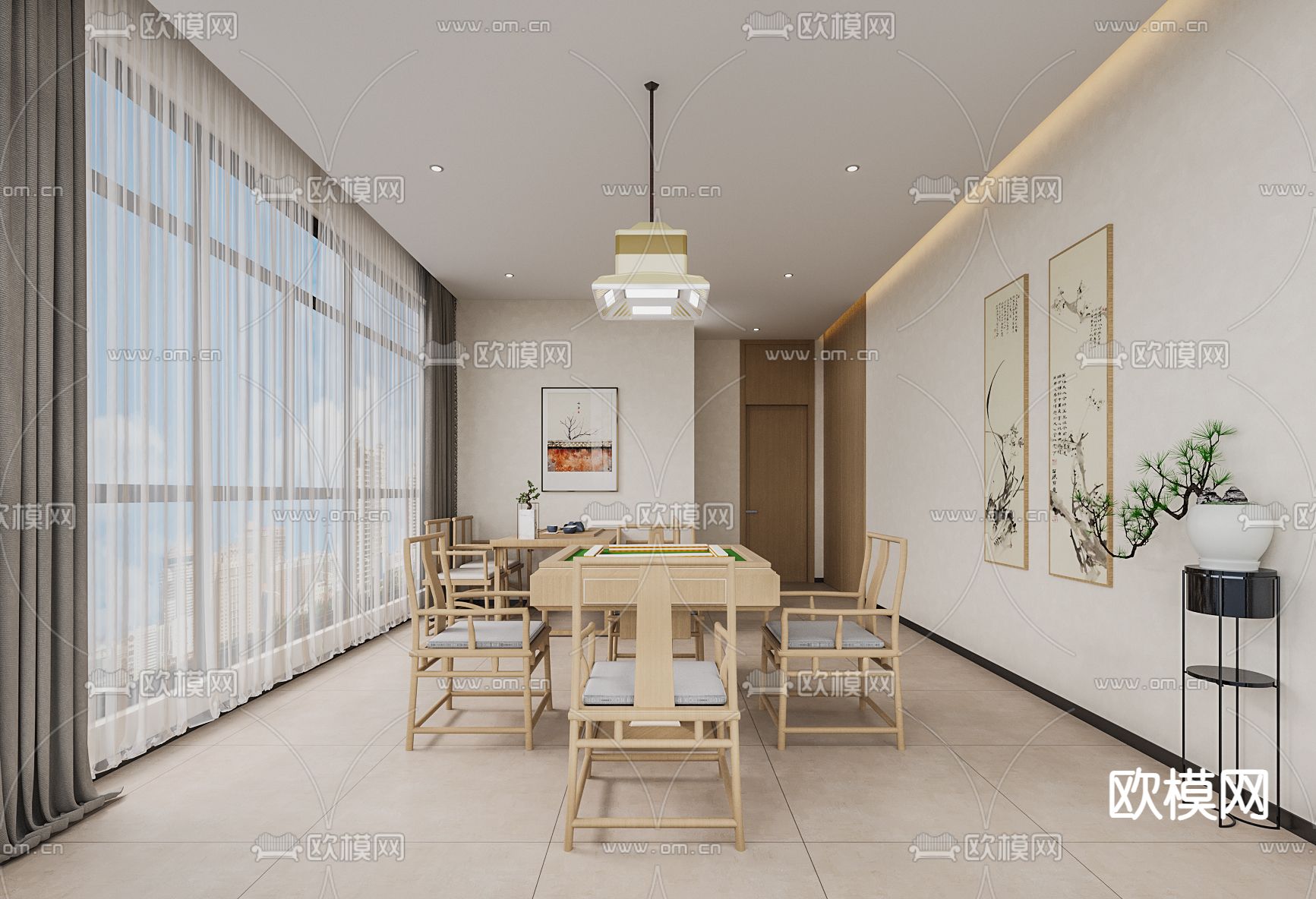 新中式棋牌室su模型下载（渲染图1）