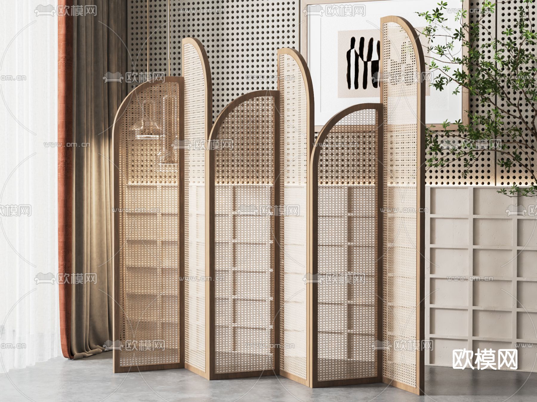 侘寂风屏风隔断su模型下载（渲染图1）