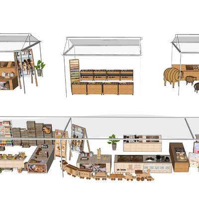  摊位 小商铺 零售亭su模型 