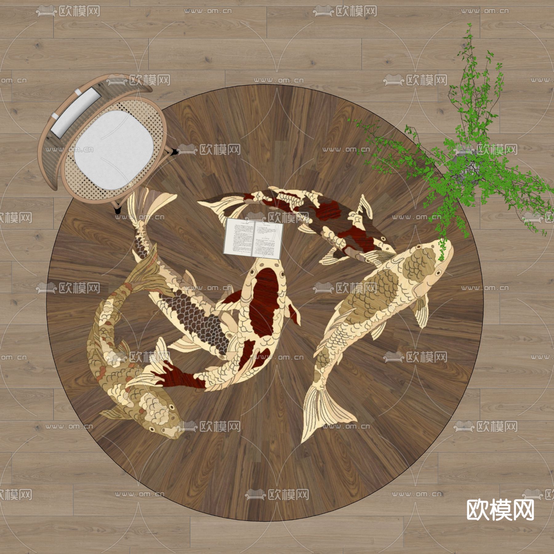 新中式圆地毯su模型下载（渲染图2）