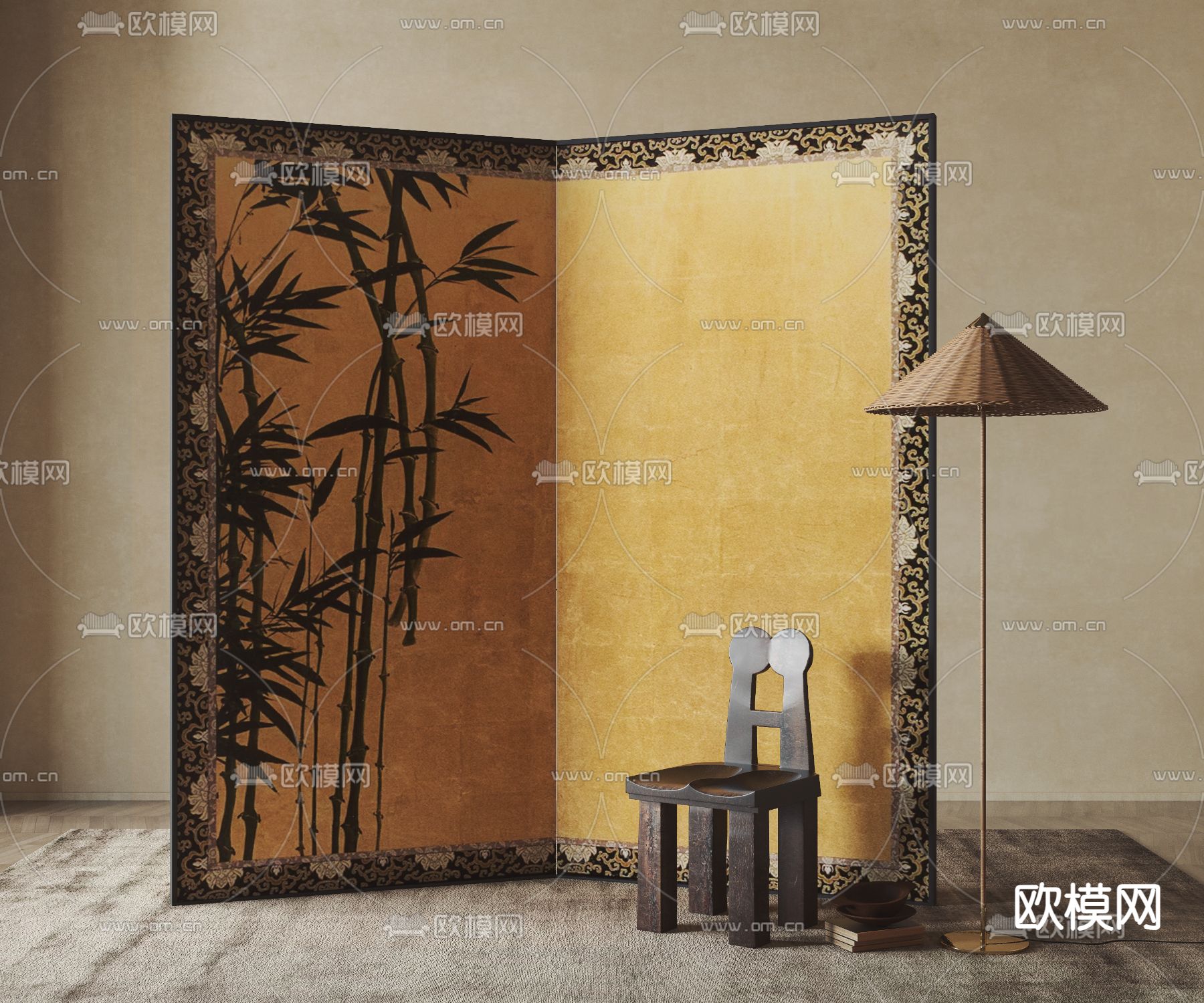 竹画屏风 隔断3d模型下载