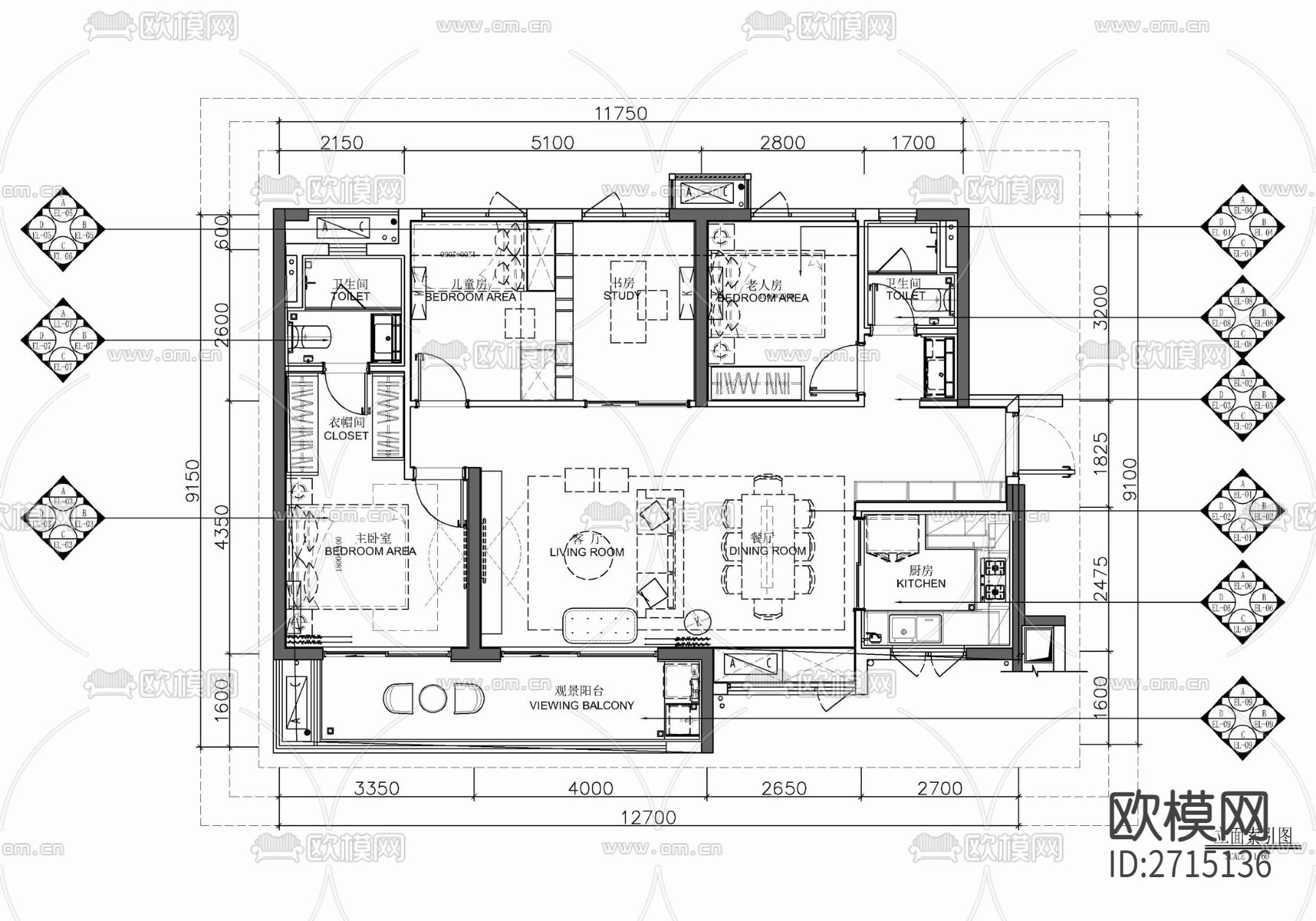 样板房cad平面图下载（渲染图1）