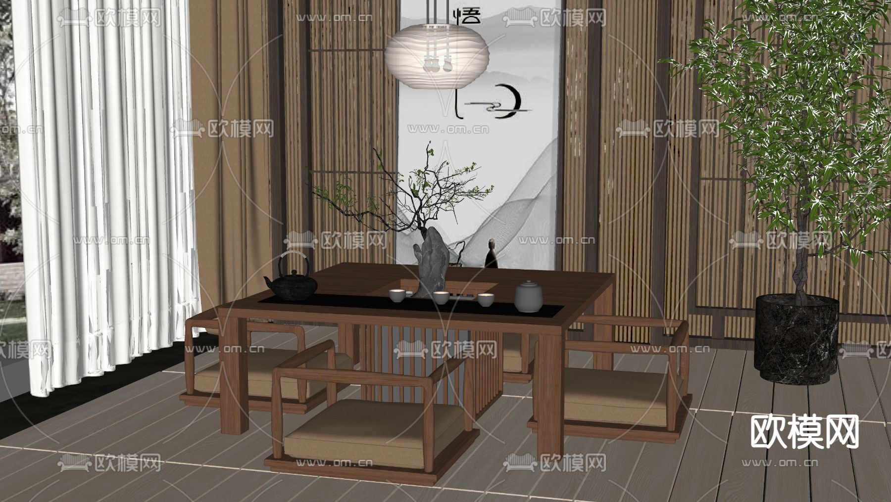 榻榻米茶桌 茶台su模型下载（渲染图2）