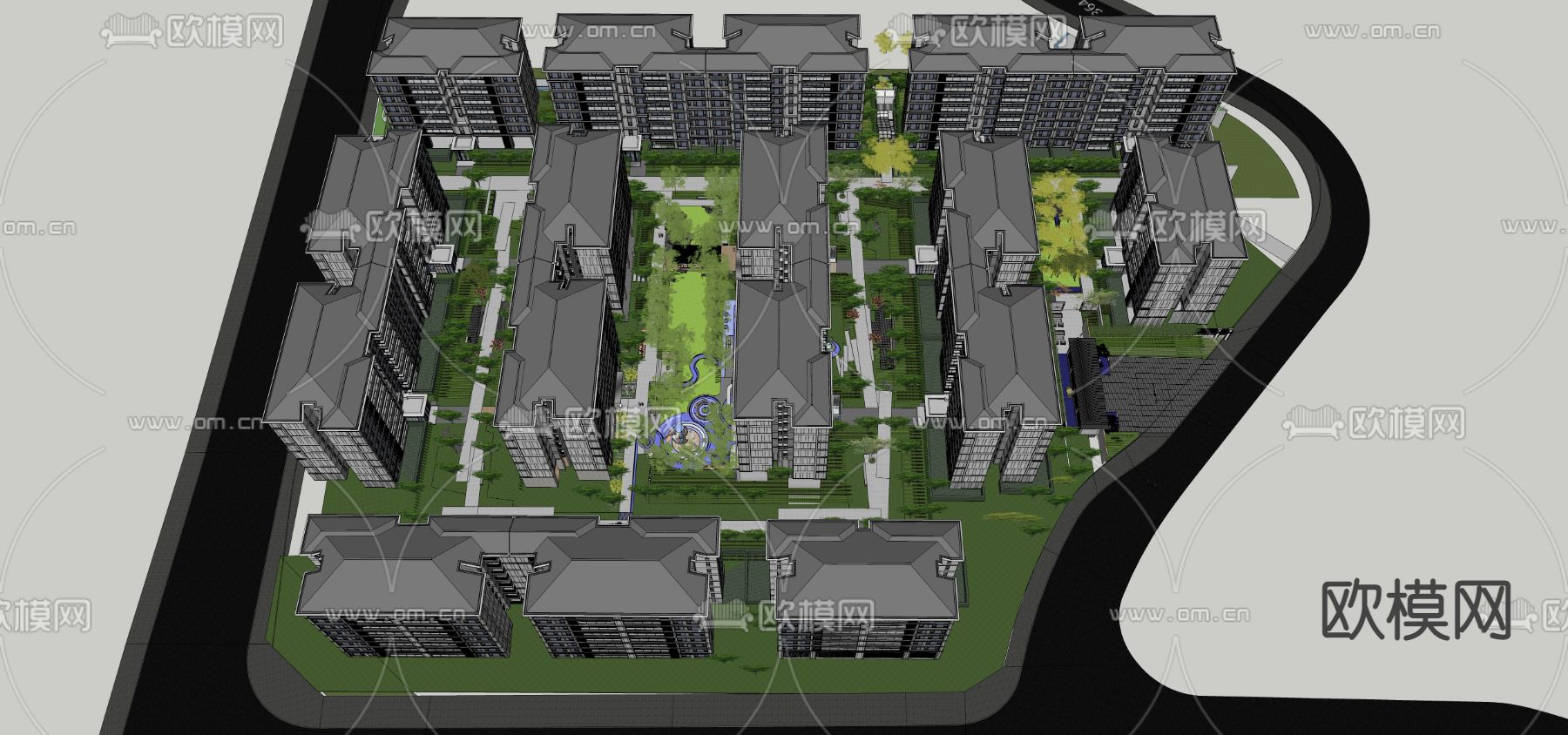 新中式住宅小区鸟瞰su模型下载（渲染图2）