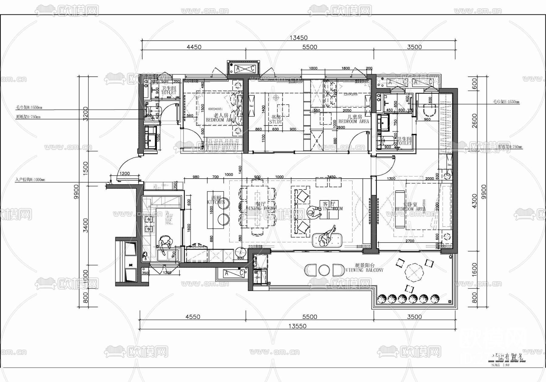 样板房cad平面图下载（渲染图2）