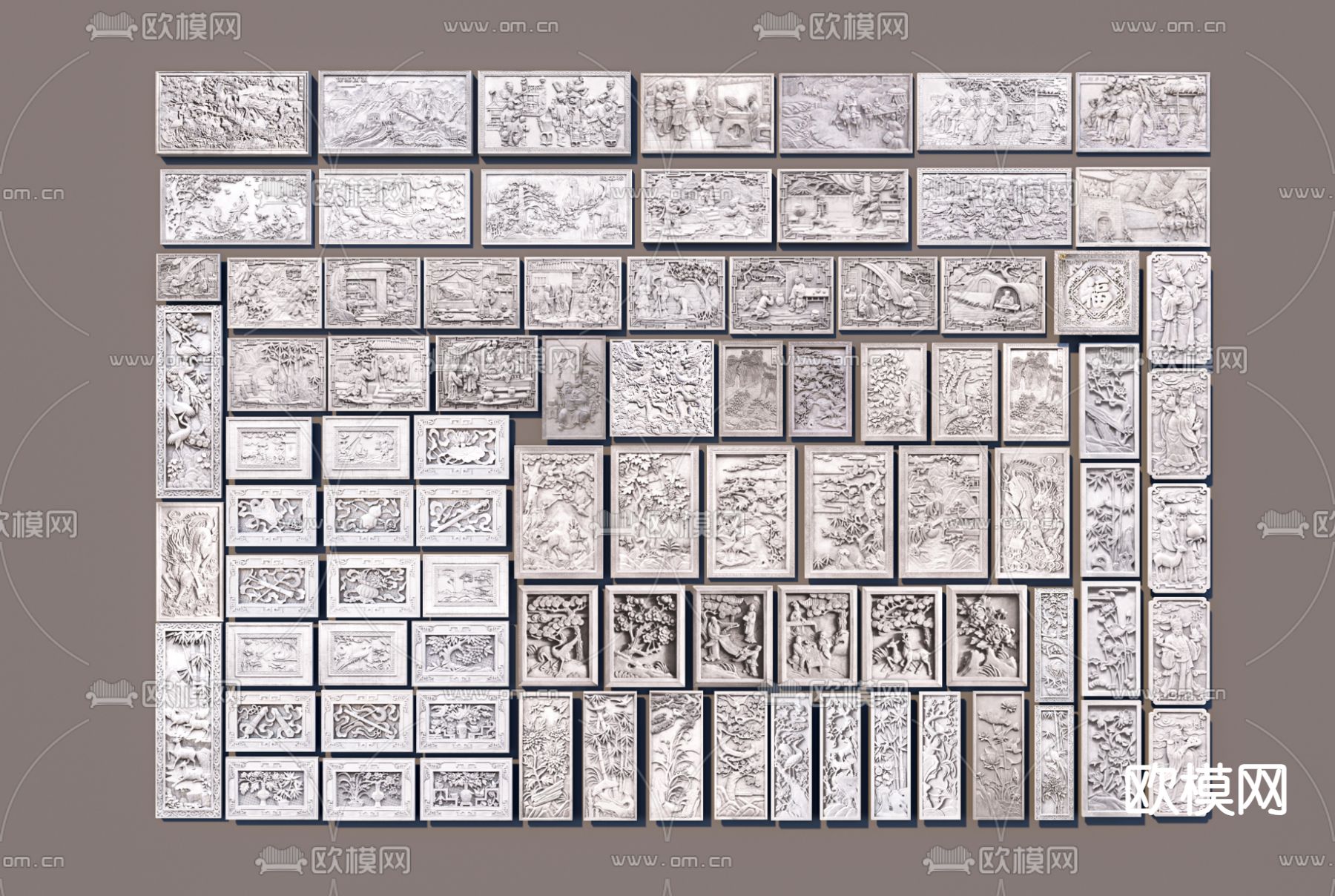 中式浮雕景墙 石雕 砖雕su模型下载（渲染图1）