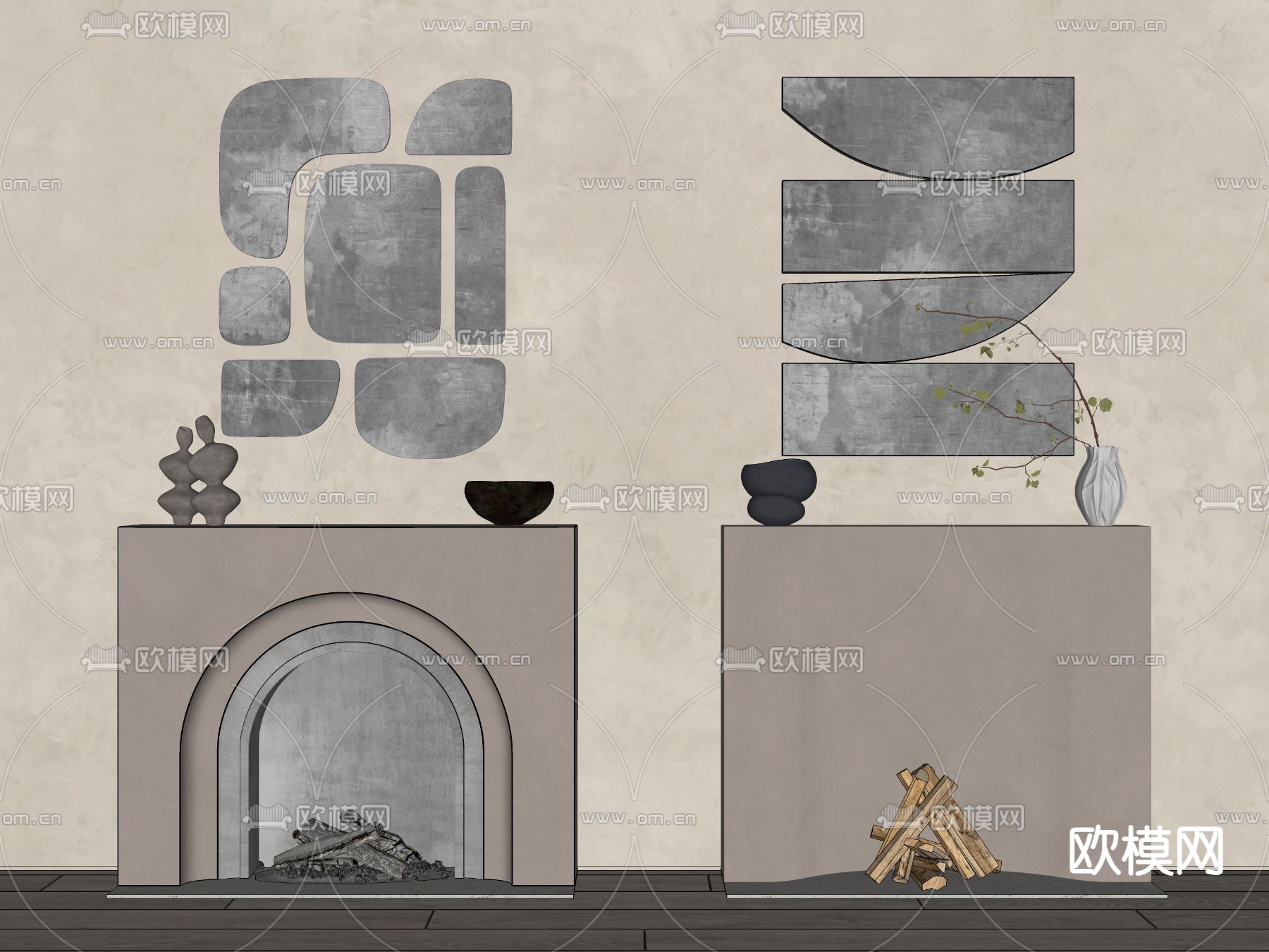 现代壁炉 柴火堆su模型