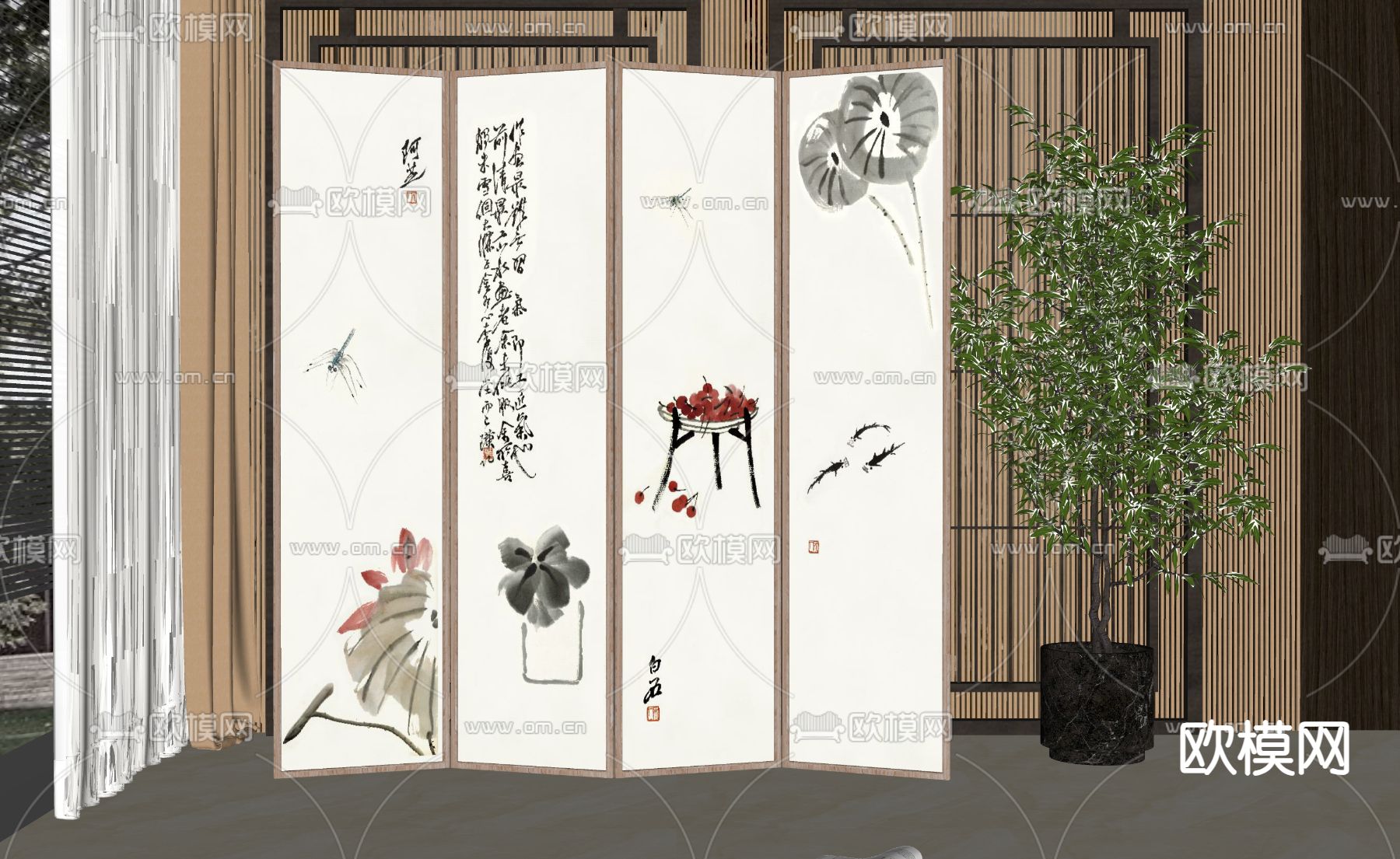 新中式屏风 隔断su模型下载（渲染图2）
