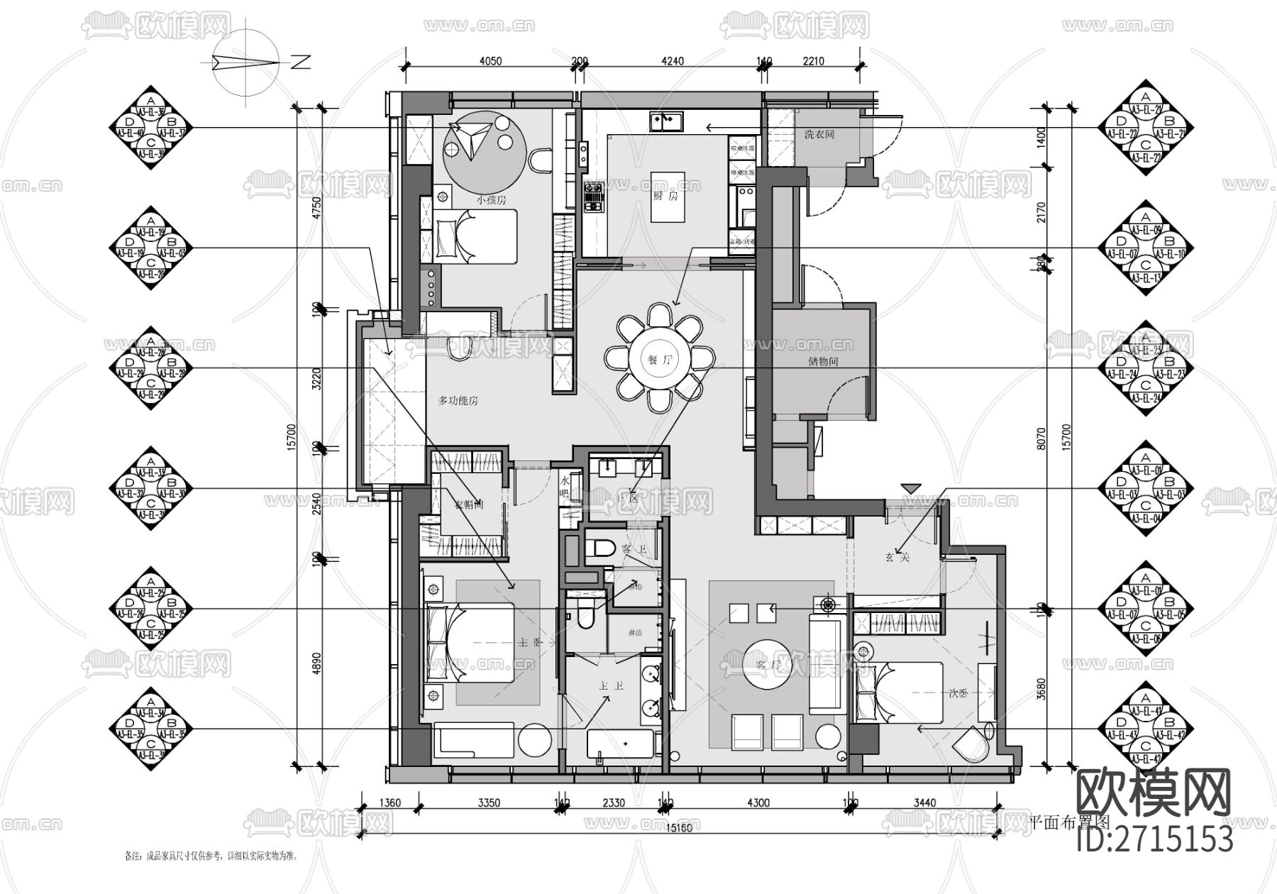 样板房cad平面图下载（渲染图1）