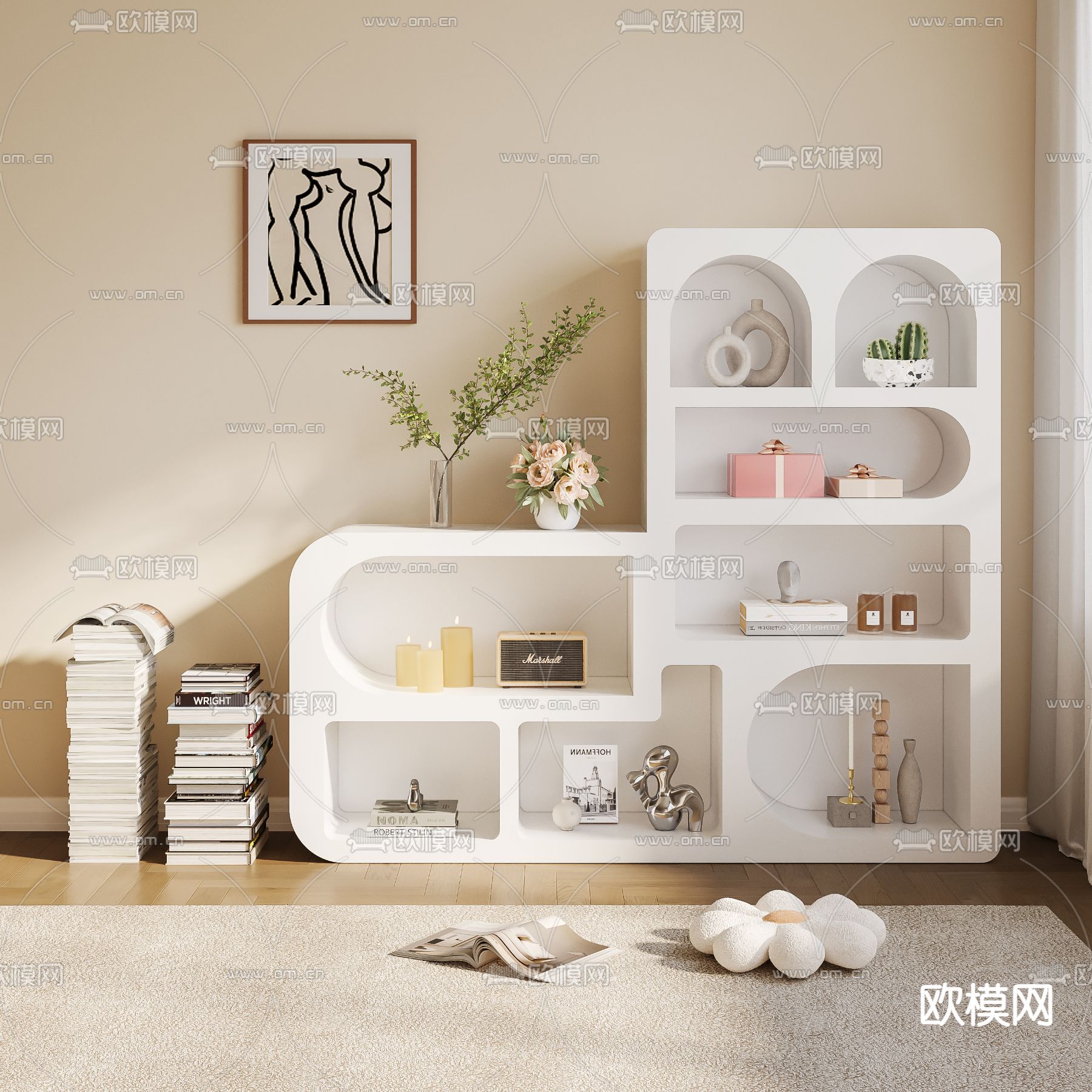 奶油风装饰柜 陈列柜3d模型下载（渲染图1）