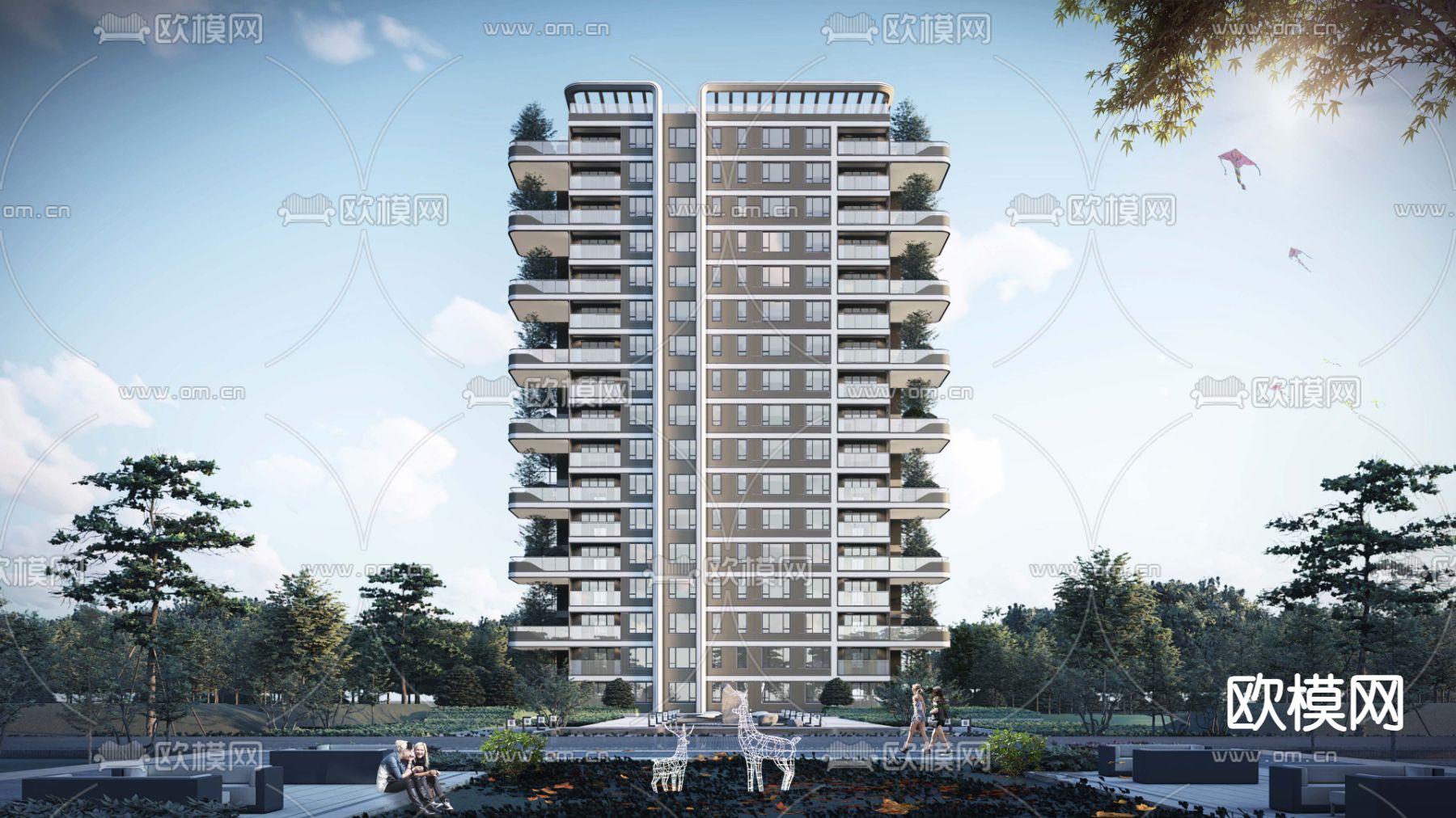 现代小区住宅外观su模型下载（渲染图1）