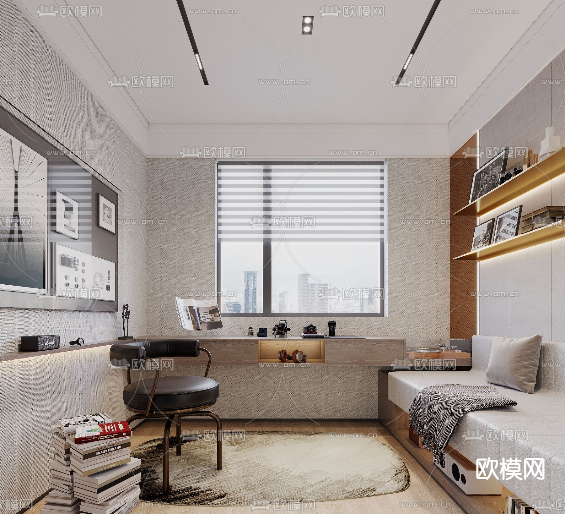 现代书房su模型下载（渲染图1）