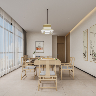  新中式棋牌室su模型 