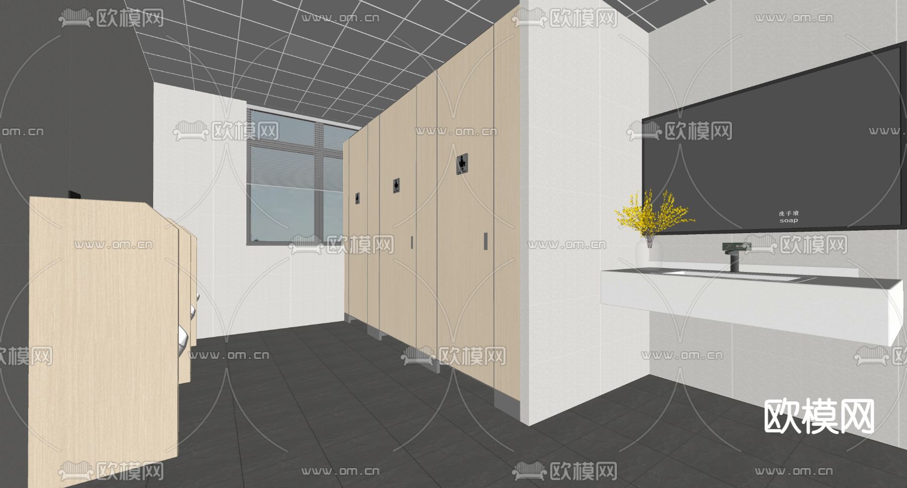现代公共卫生间su模型下载（渲染图2）