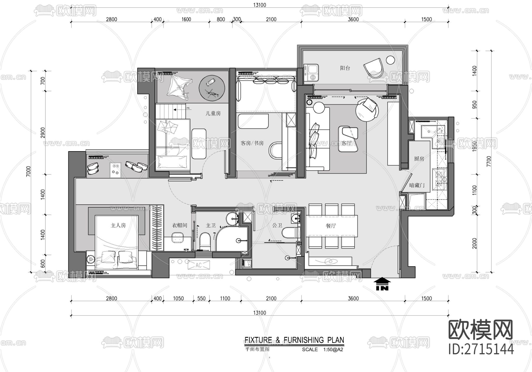 样板房cad平面图下载（渲染图1）