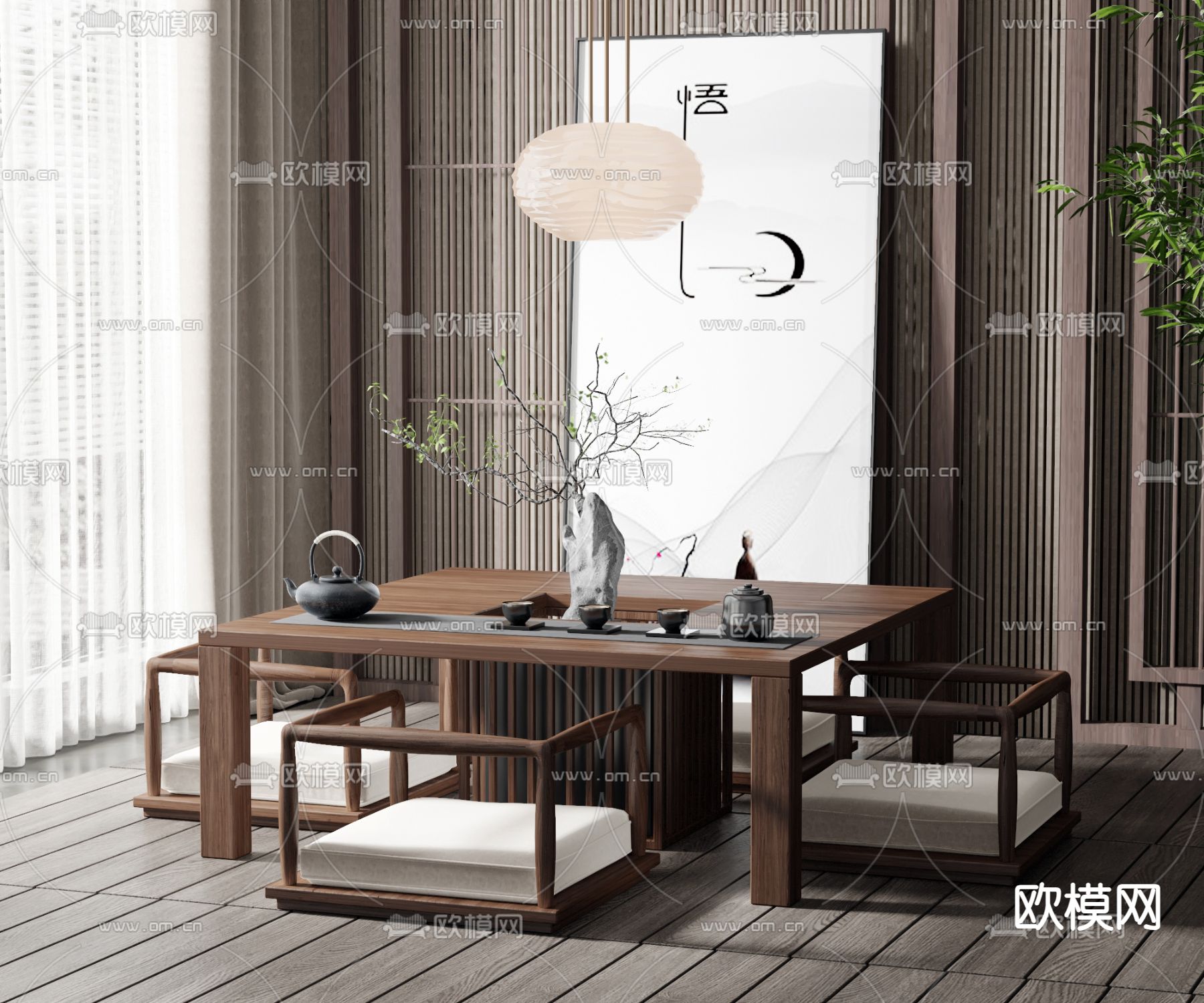 榻榻米茶桌 茶台su模型下载（渲染图1）