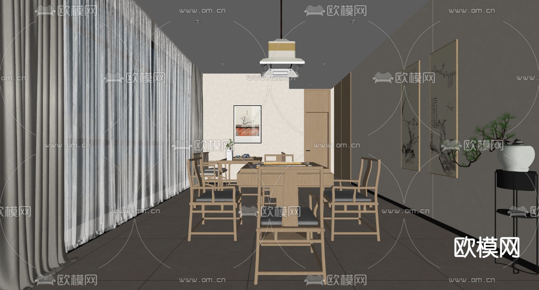 新中式棋牌室su模型下载（渲染图2）