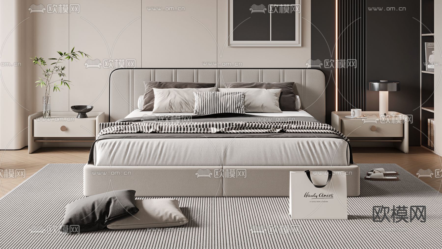 高级灰双人床 卧室床3d模型下载