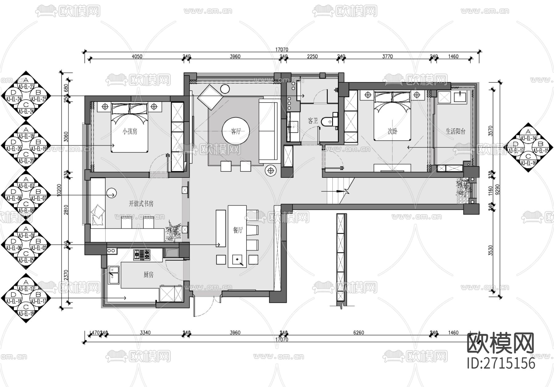样板房cad平面图下载（渲染图1）