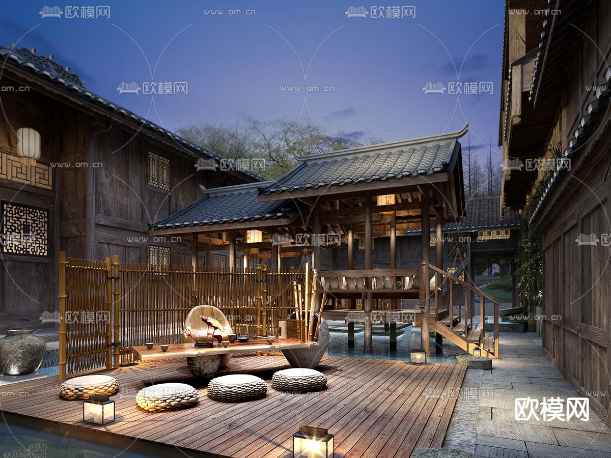 中式民宿 农庄 中庭3d模型下载（渲染图1）