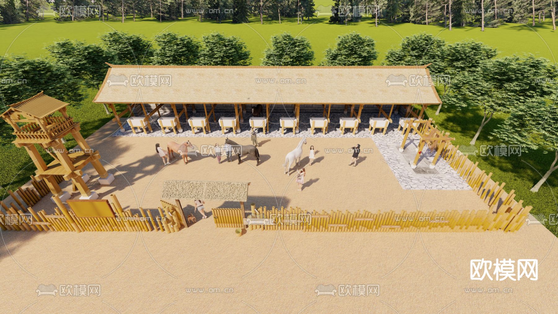 中式马棚 马场 马厩su模型下载（渲染图1）