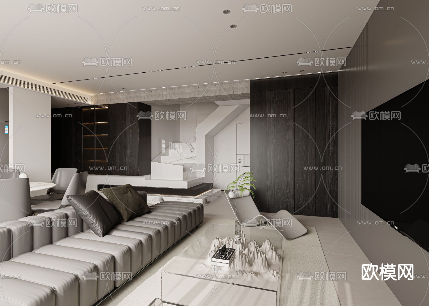 黑白灰客厅 餐厅3d模型下载（渲染图4）