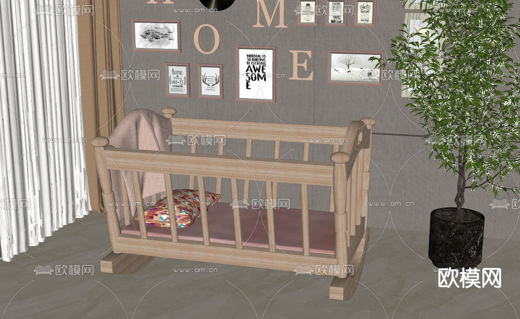 现代婴儿床su模型下载（渲染图2）