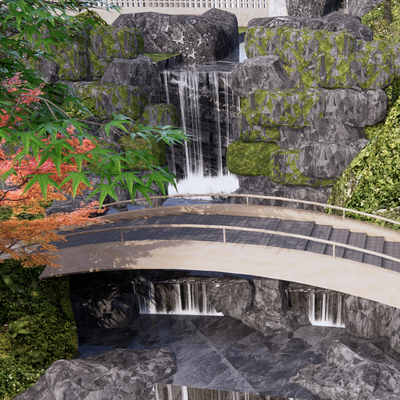 新中式假山瀑布 拱桥景观su模型