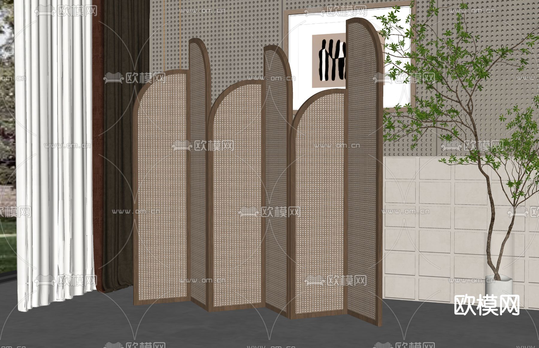 侘寂风屏风隔断su模型下载（渲染图2）