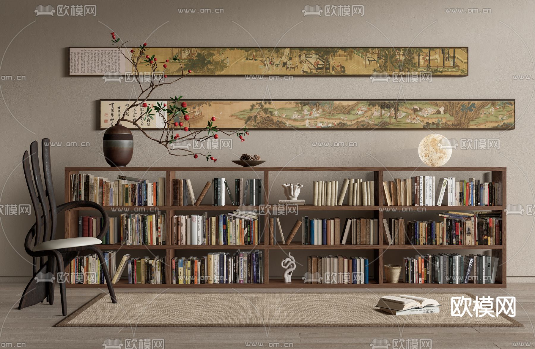 侘寂书柜 书籍su模型下载（渲染图1）